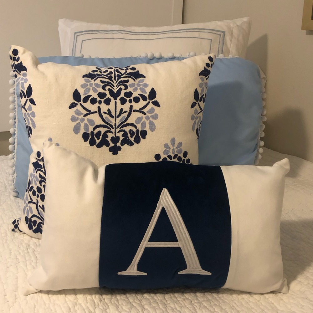 Navy and White Bolster Pillow Embroidered